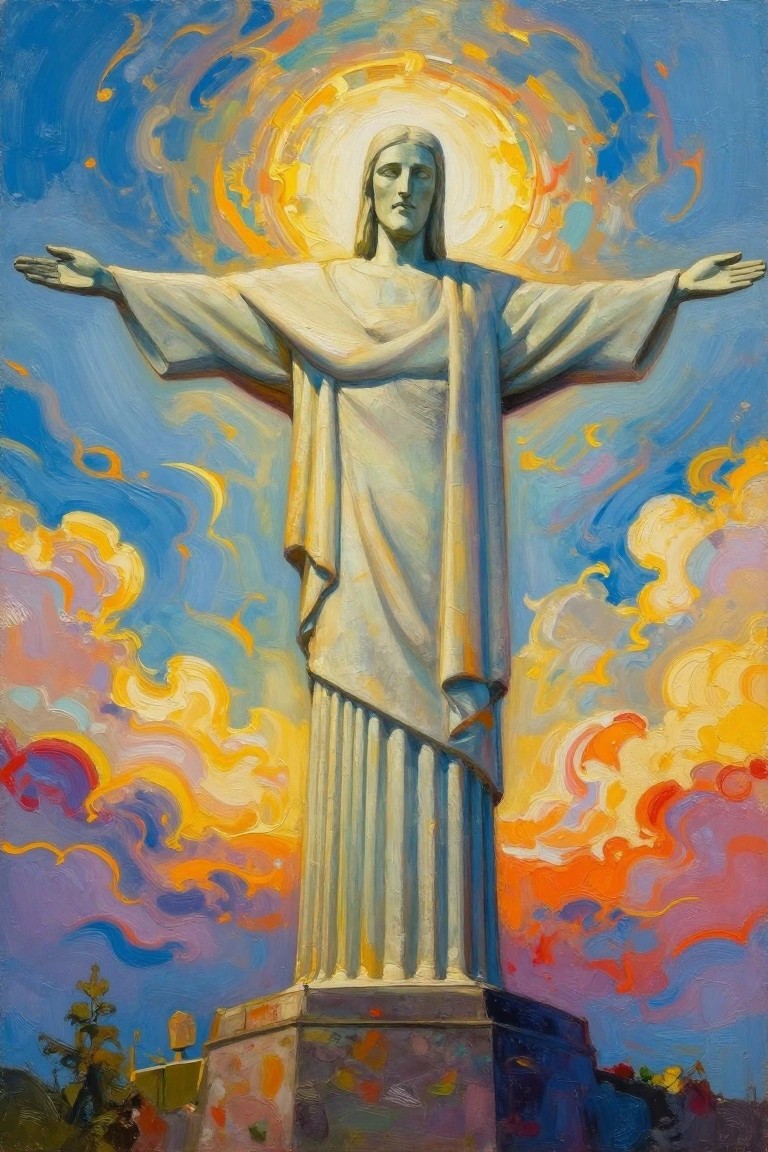 White-robed Christ statue with outstretched arms and halo under vibrant swirling sky