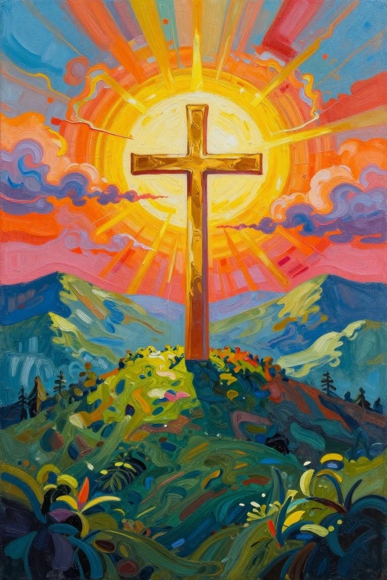 Golden cross on a hill against radiant sun with colorful sky and mountains.