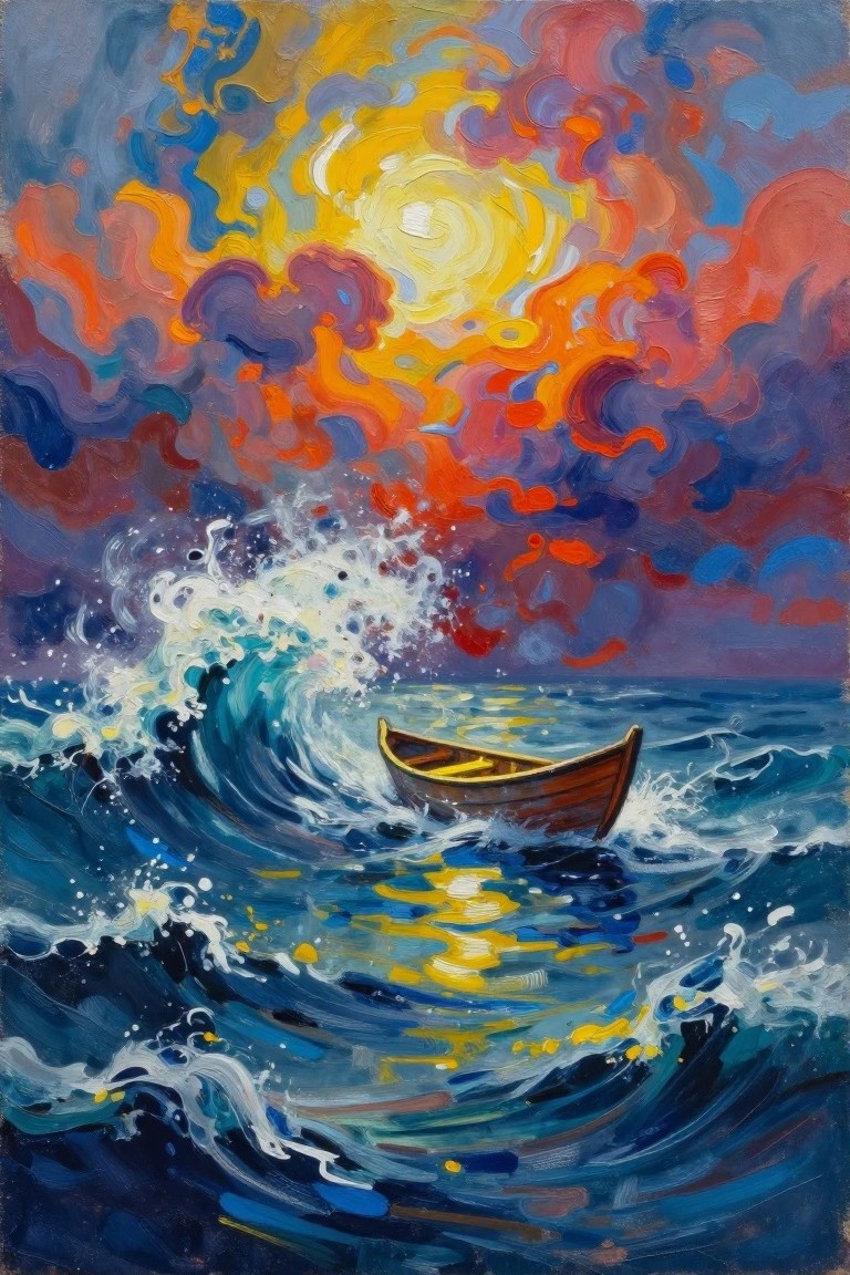 A painting of a small brown boat on choppy blue waves with white foam under a swirling sky of yellow, orange, red, and purple with a bright center.