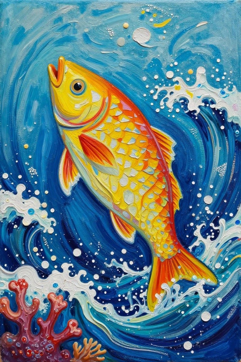 Vibrant yellow-orange fish amid swirling blue waves, white foam, and red coral