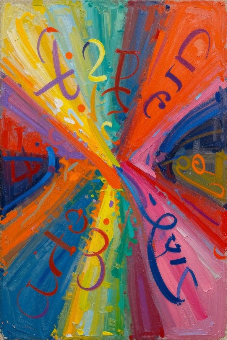 Vibrant abstract painting with stylized numbers amid radiating colorful brushstrokes