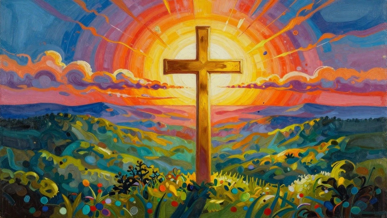 Golden cross on a hill against radiant sun with colorful sky and mountains.