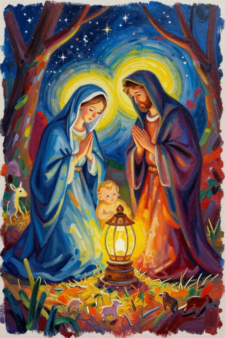 Colorful painting of robed couple praying over infant beside glowing lantern in starry forest