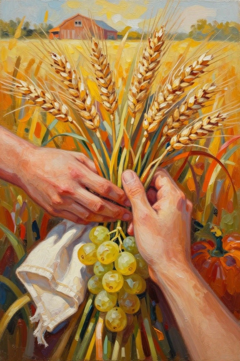 Hands holding golden wheat stalks and grapes in vibrant autumn farm field painting