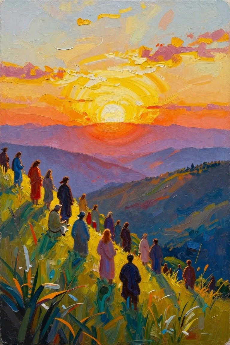 Robe-clad figures on grassy hill watch vibrant swirling sunset over mountains