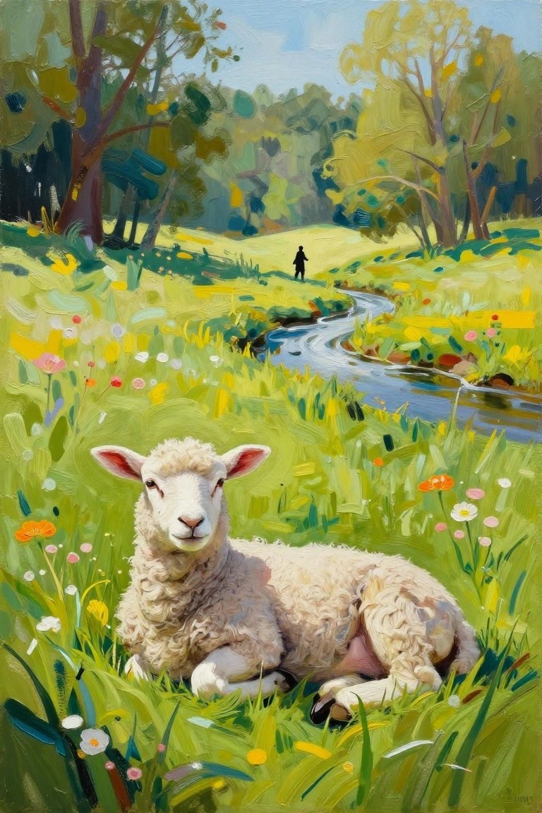 White lamb resting in vibrant meadow with colorful flowers and winding stream