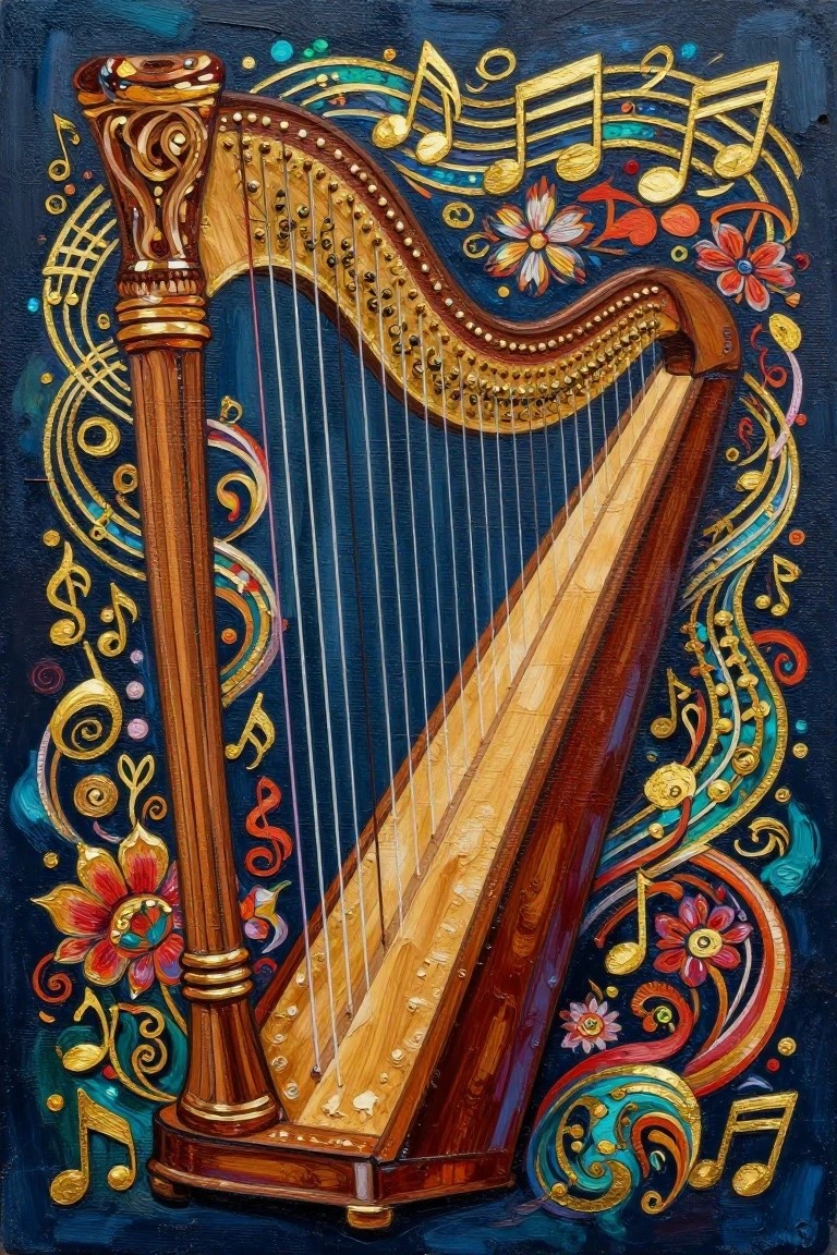 Ornate wooden harp with golden accents amid swirling musical notes and vibrant flowers.