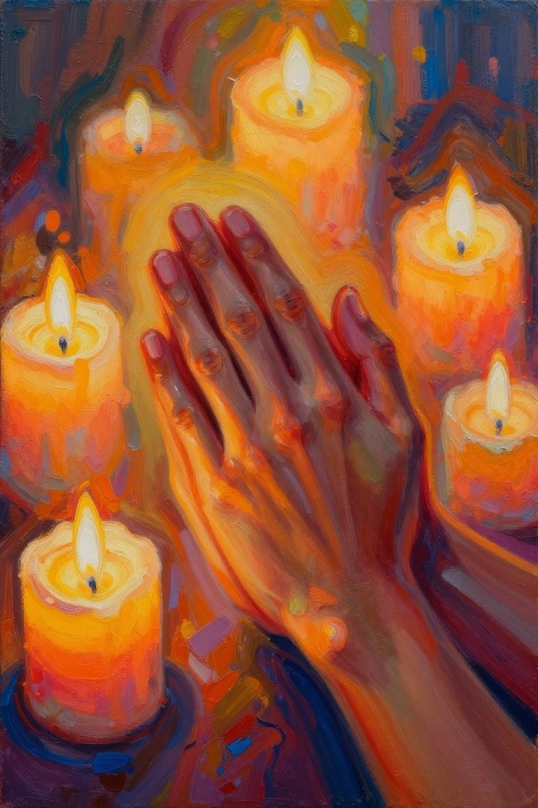 An impressionistic painting of dark-skinned hands clasped in prayer, surrounded by several lit candles with warm orange and yellow flames against a dark background.