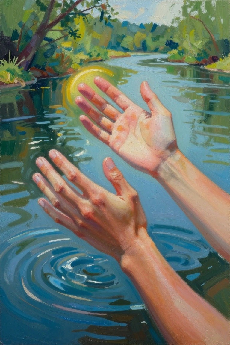 Hands reaching toward glowing yellow orb above rippling blue river in lush forest