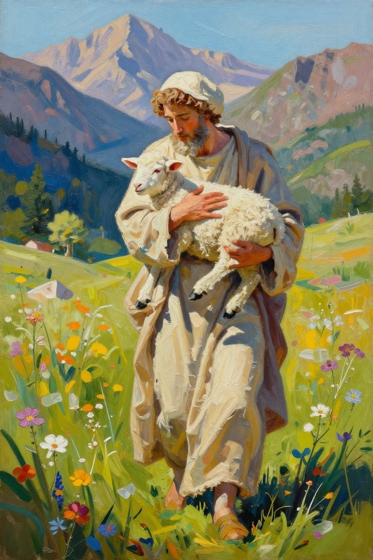 Bearded man in robes cradling lamb amid colorful wildflowers and mountains.
