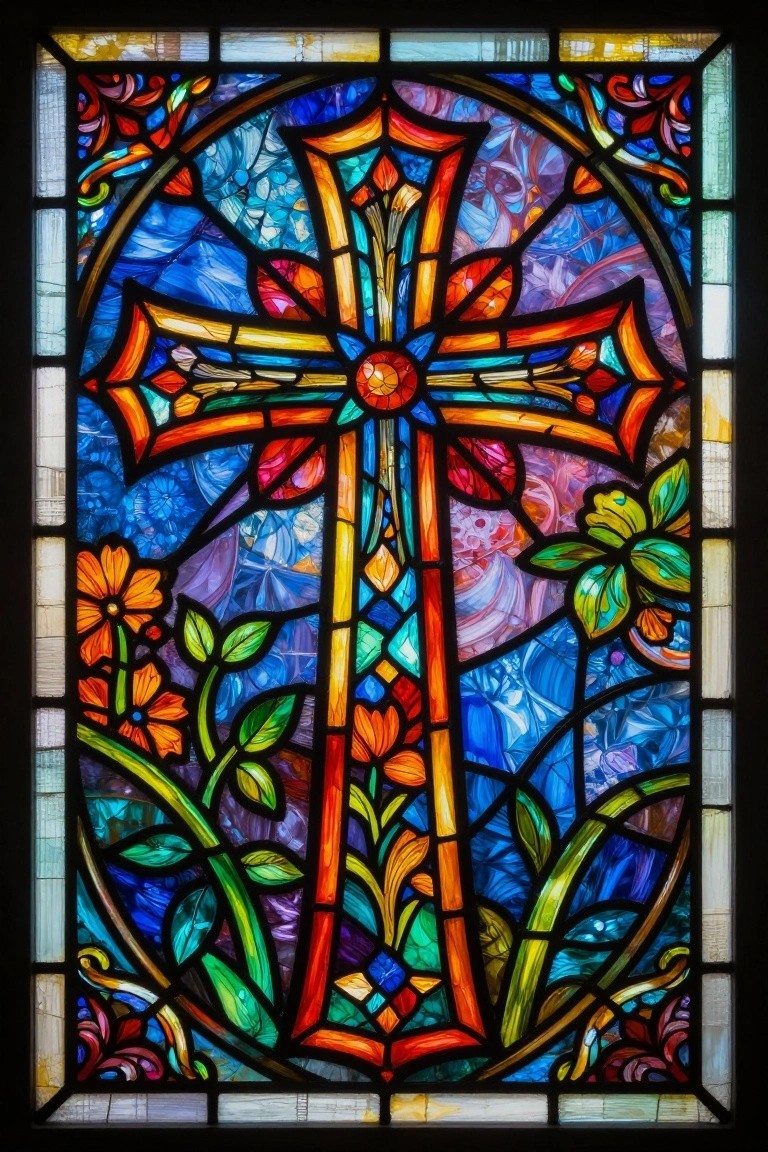 Vibrant stained glass window with ornate central cross and colorful floral motifs