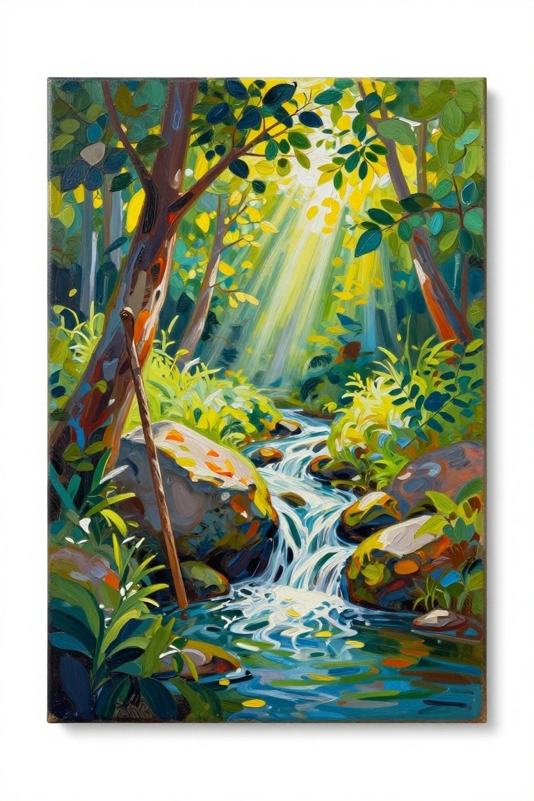 Vibrant painting of sunlight rays over a rocky stream in lush green forest.