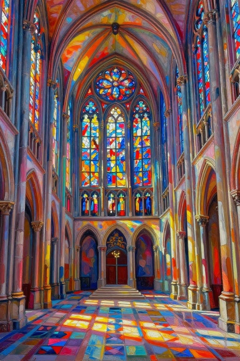 Vibrant Gothic cathedral interior with towering stained glass windows and colorful tiled floor