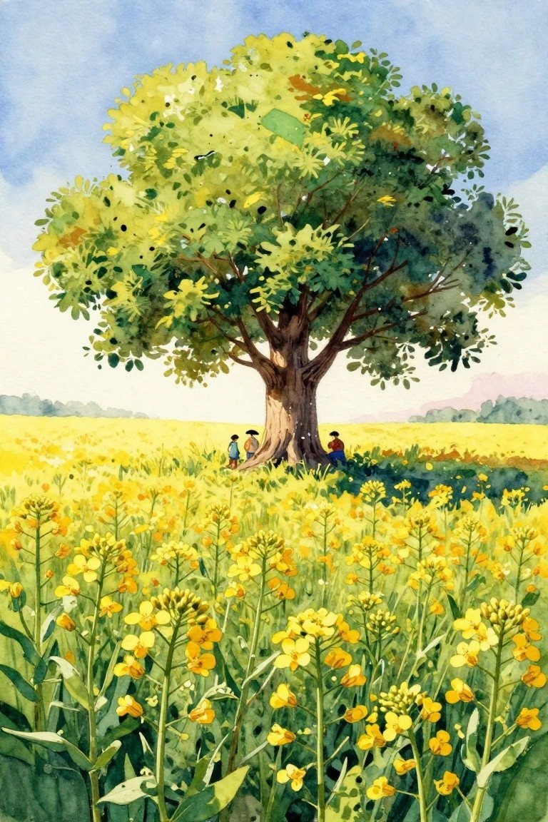 A watercolor landscape shows a large tree with green and yellow leaves in a field of yellow flowers, with three small figures standing near the trunk under a blue sky.