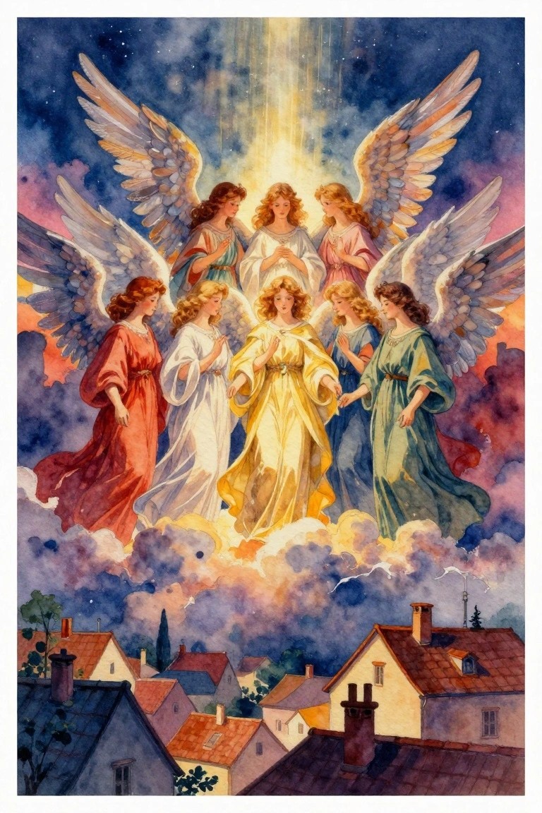 Angels with wings in colorful robes gather on clouds above village under heavenly light