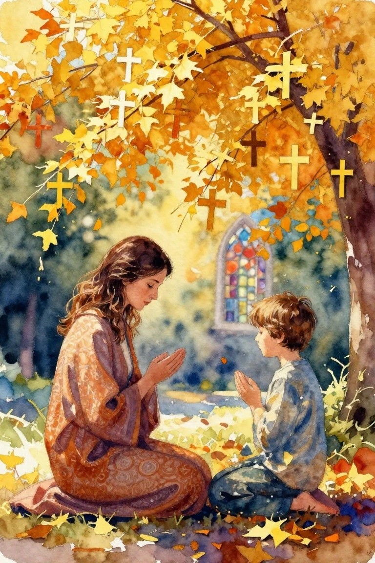 Woman and boy kneel praying amid autumn leaves, floating crosses, and stained glass