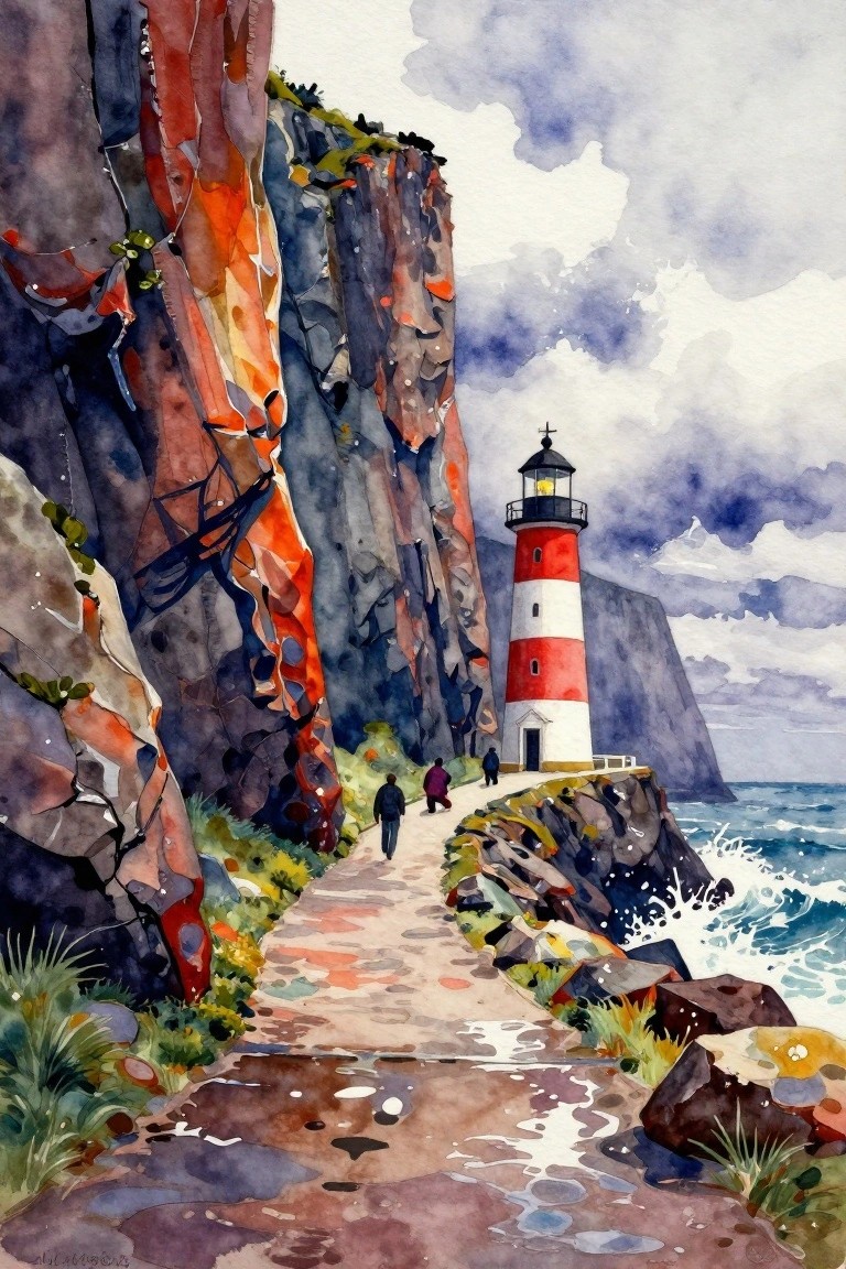 Watercolor of red-white lighthouse on cliff, path with walkers near crashing waves