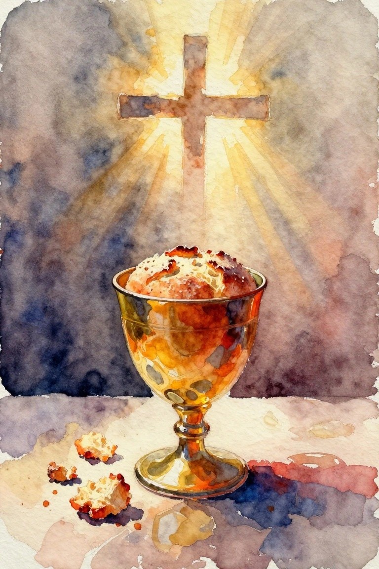 A watercolor painting shows a golden chalice with bread in front of a wooden cross with light rays behind it.