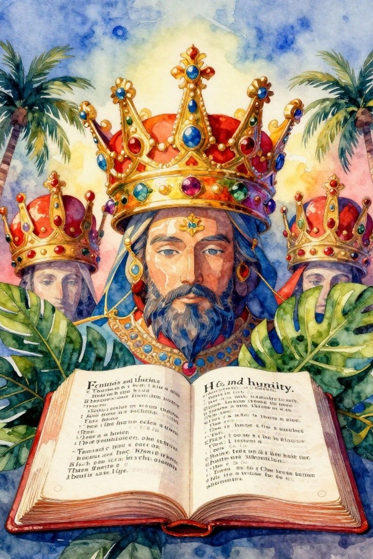 Bearded king in jeweled crown with open book, flanking crowns and tropical leaves