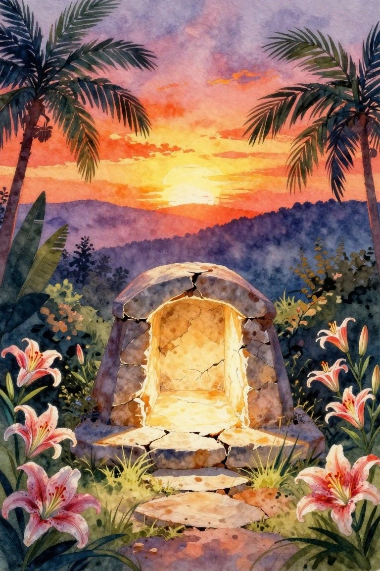 A watercolor painting of a cracked stone tomb glowing from within at sunset, framed by palm trees and pink lilies with mountains in the background.