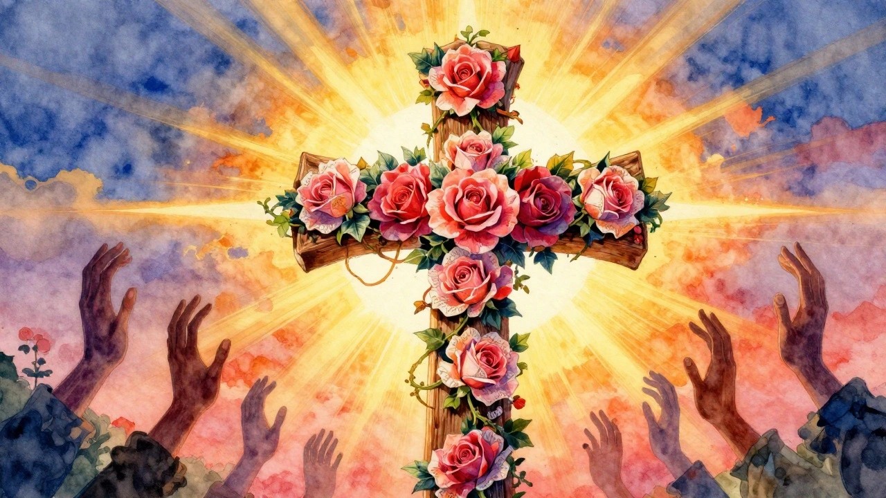 Wooden cross draped in red roses, hands reaching upward against radiant sunburst sky