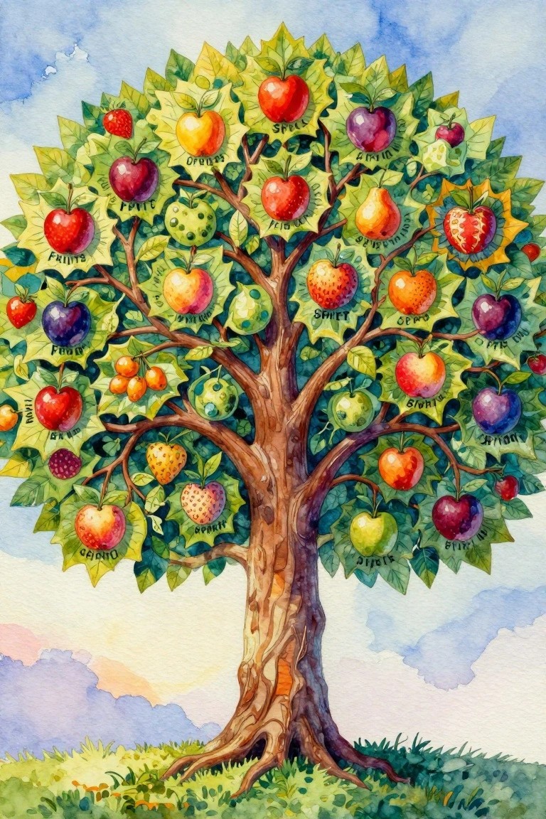 Watercolor tree with colorful assorted fruits and handwritten labels on leaves.
