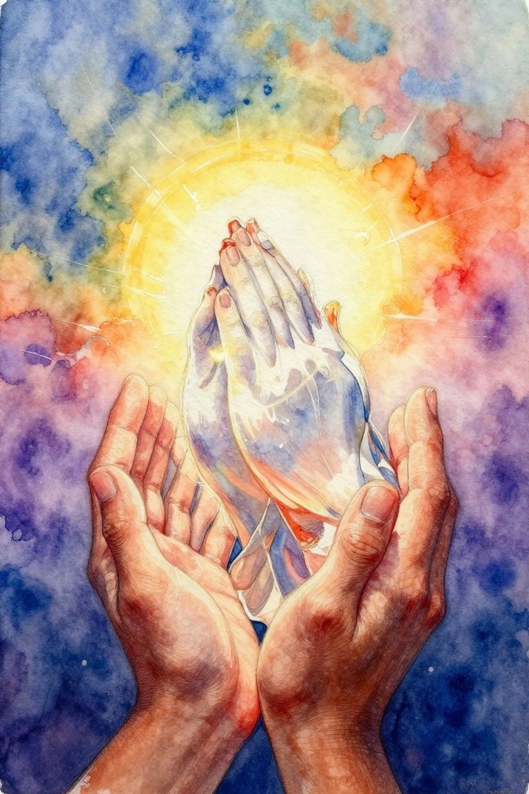 Watercolor painting of open hands cradling glowing clasped hands amid vibrant cosmic colors.