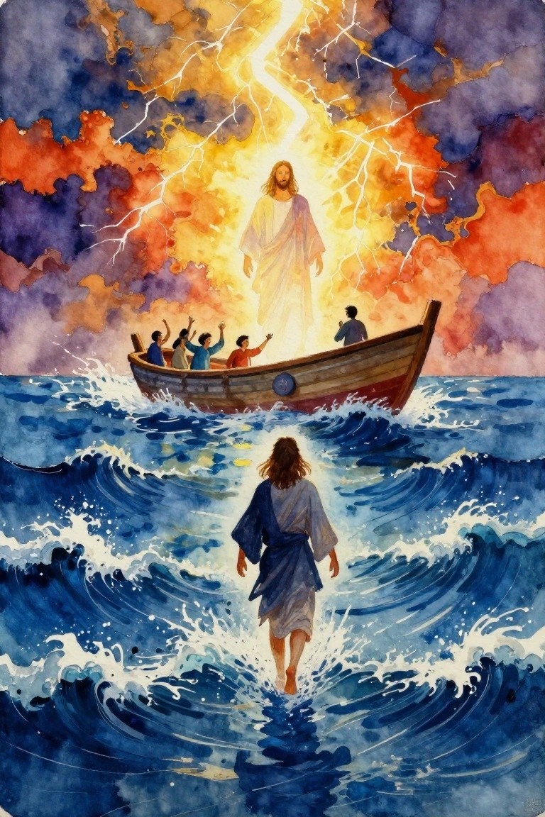 Watercolor of Jesus walking on stormy waves to disciples in boat under lightning-filled sky.