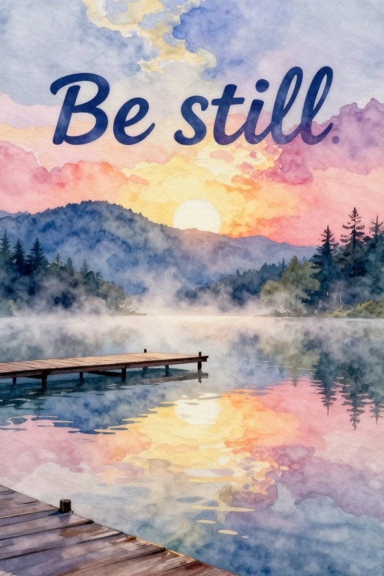 Watercolor lake sunset with misty water, wooden dock, mountains, and Be still text