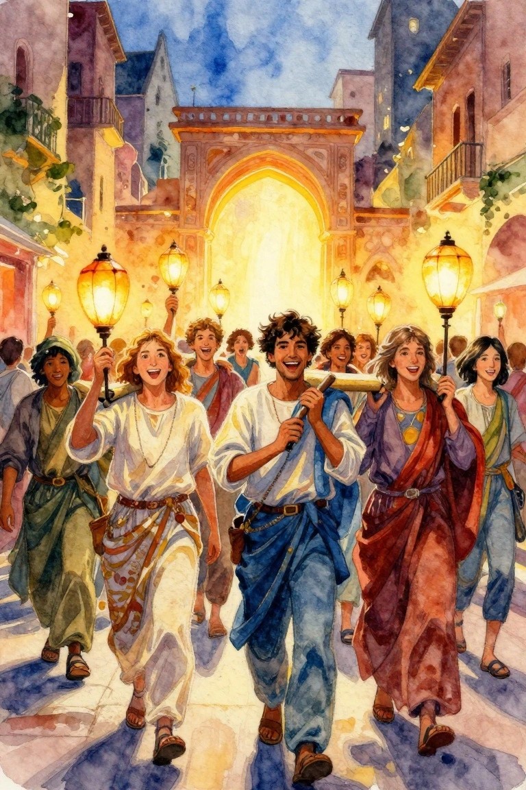 Watercolor of joyful youths in ancient robes carrying lanterns through glowing city archway at night.