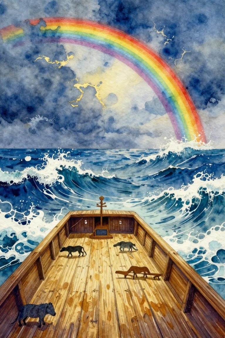 Three boars on wooden boat deck amid stormy waves beneath vibrant rainbow