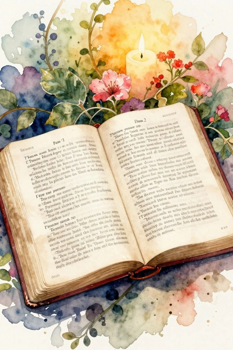 Open book with lit candle amid pink flowers and colorful watercolor foliage