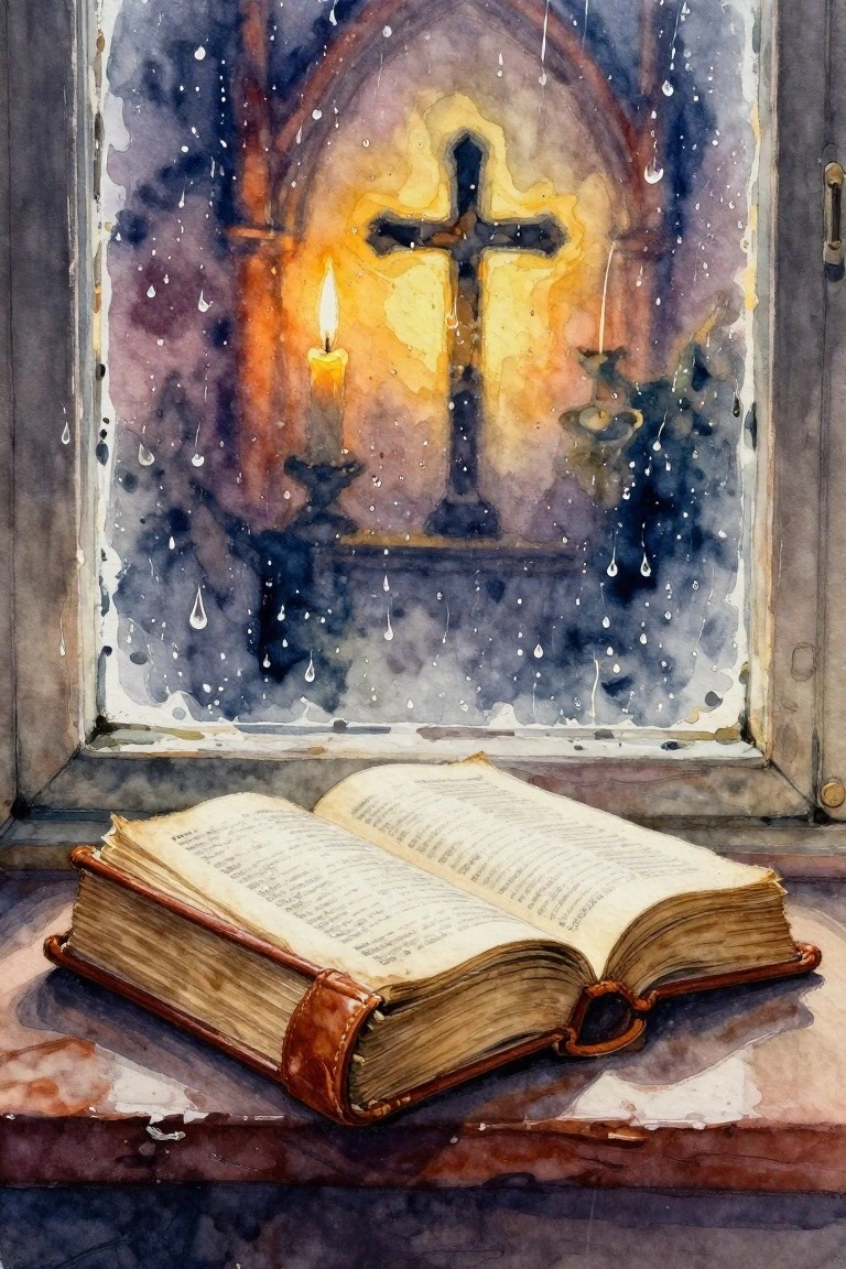 Open book on rainy windowsill with cross and lit candle beyond