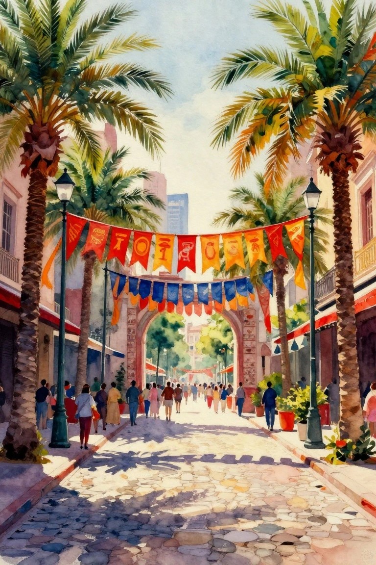 Vibrant watercolor of palm-lined cobblestone street with colorful banners and strolling people