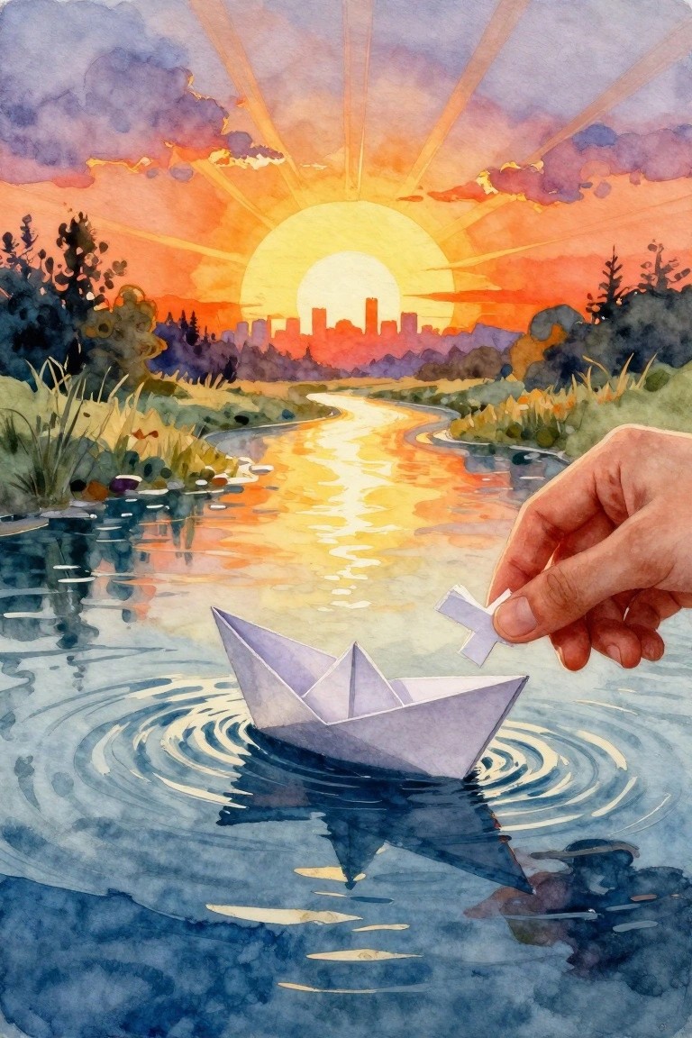 Hand placing paper cross into origami boat on river at sunset