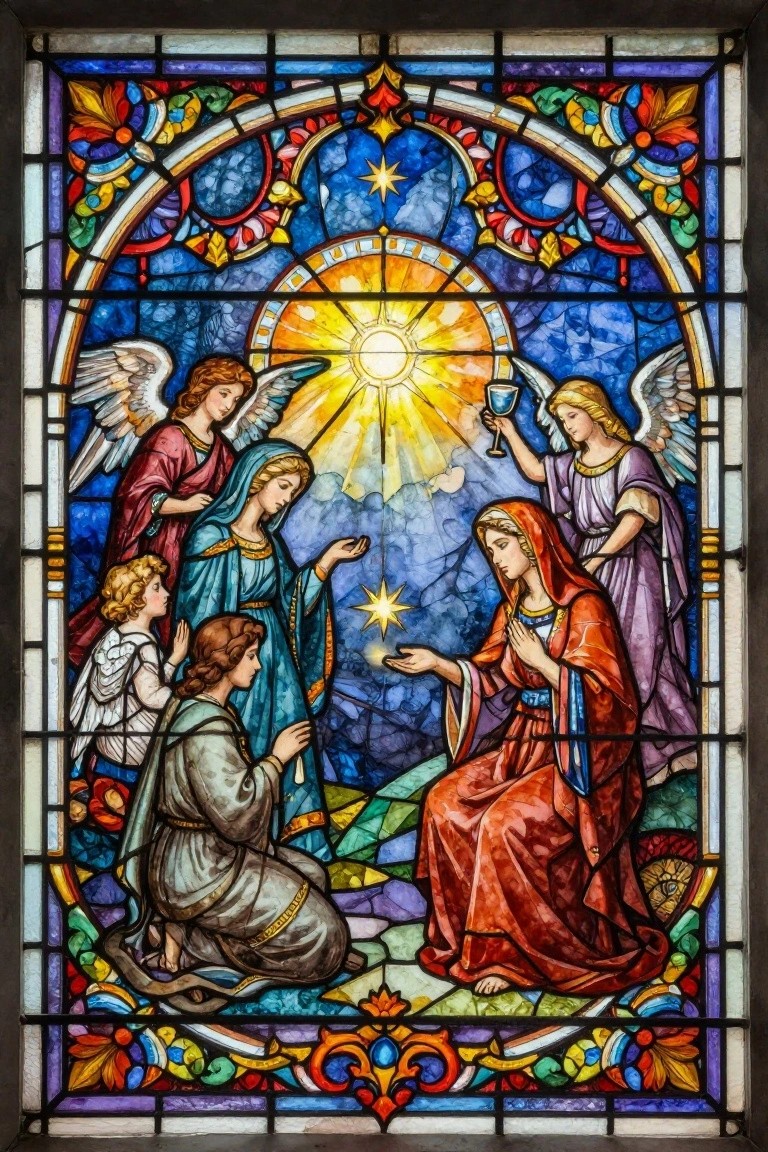 A colorful stained glass window shows angels and two women in robes gathered around a bright central star with a glowing sunburst above.