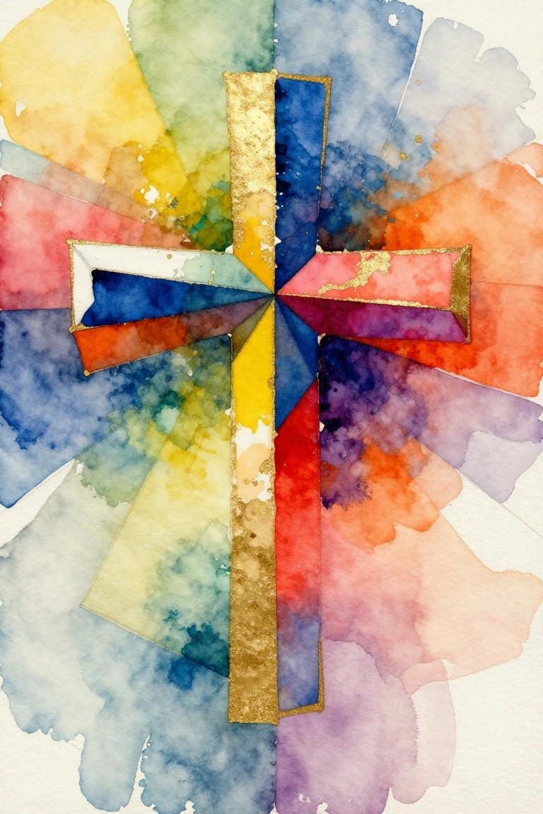 Golden cross with gold trim on vibrant rainbow watercolor fan background.