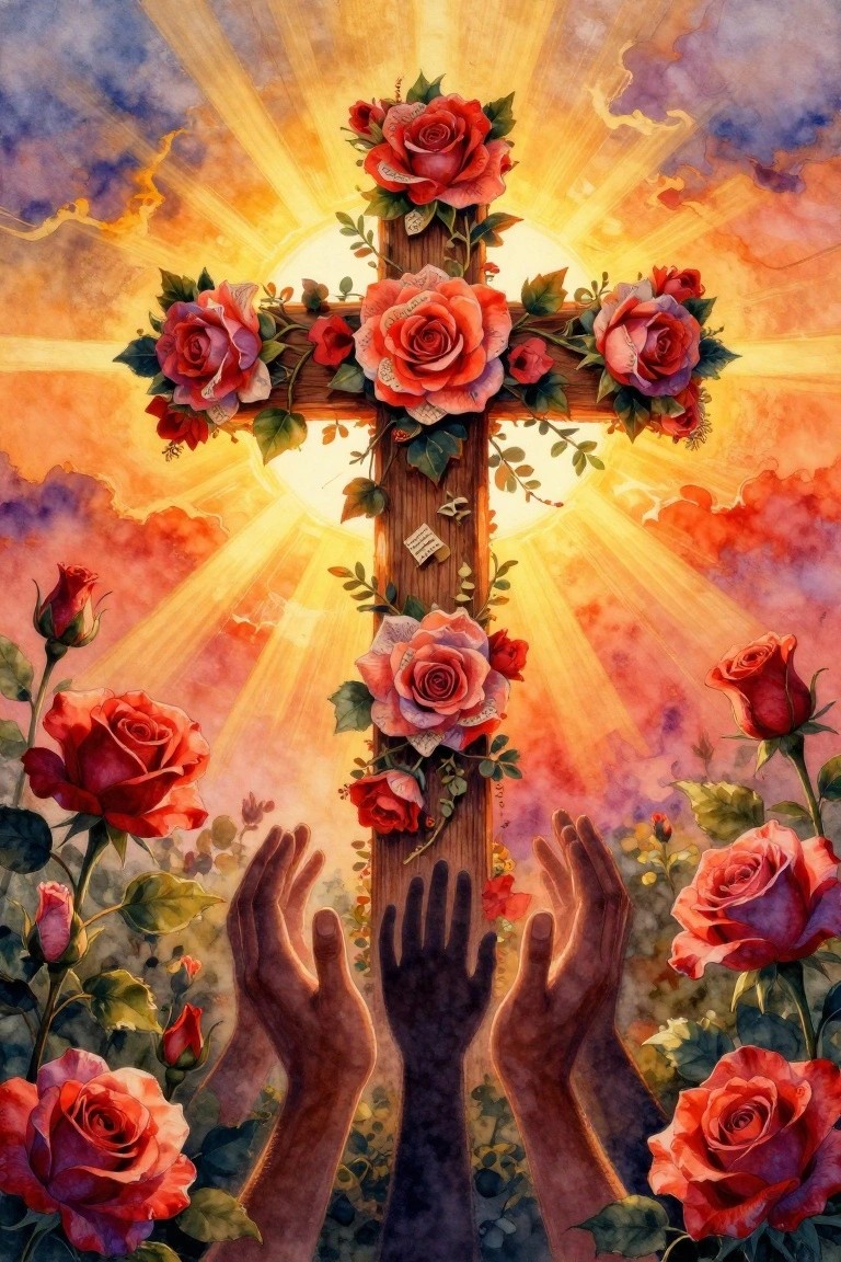 Wooden cross draped in red roses, hands reaching upward against radiant sunburst sky
