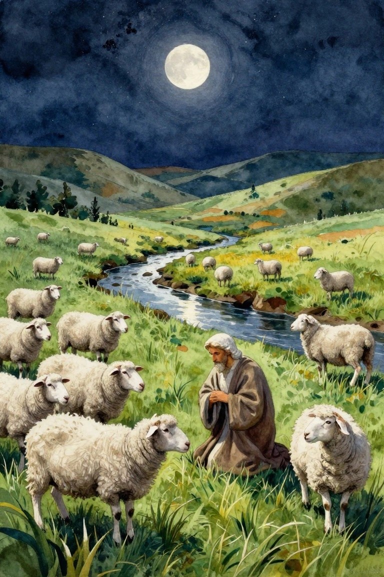 Shepherd in brown robe kneeling among sheep under full moon in grassy hills
