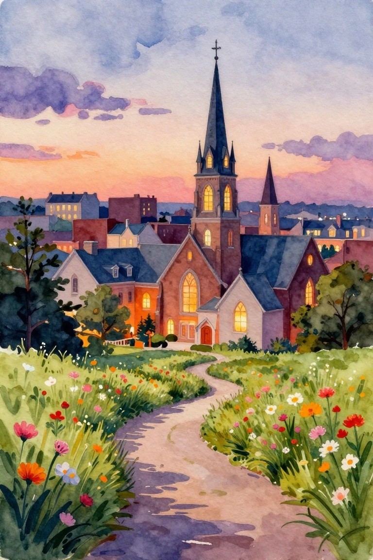 Watercolor of glowing church steeple at sunset above winding path through wildflowers
