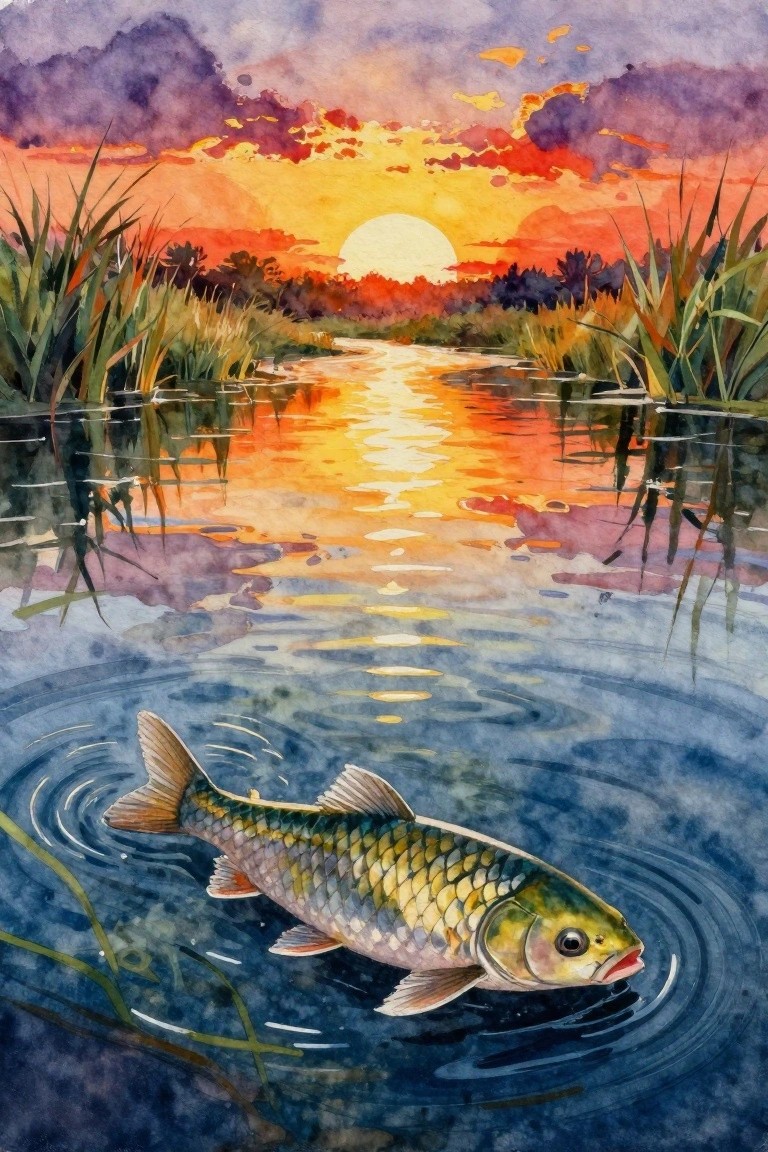 Watercolor fish swimming in rippling river at vibrant orange-purple sunset with reeds