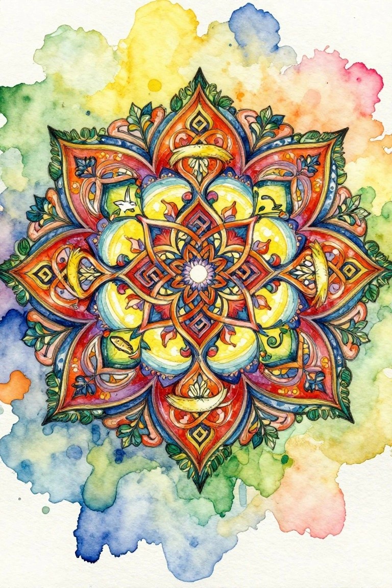 Vibrant watercolor mandala with intricate floral and geometric patterns in bright colors.