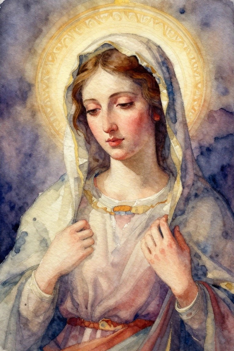Watercolor of serene woman in blue-purple robes and white veil with golden halo, hands clasped.