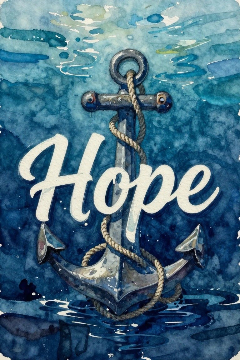 Watercolor blue anchor with rope and white Hope text on wavy sea background