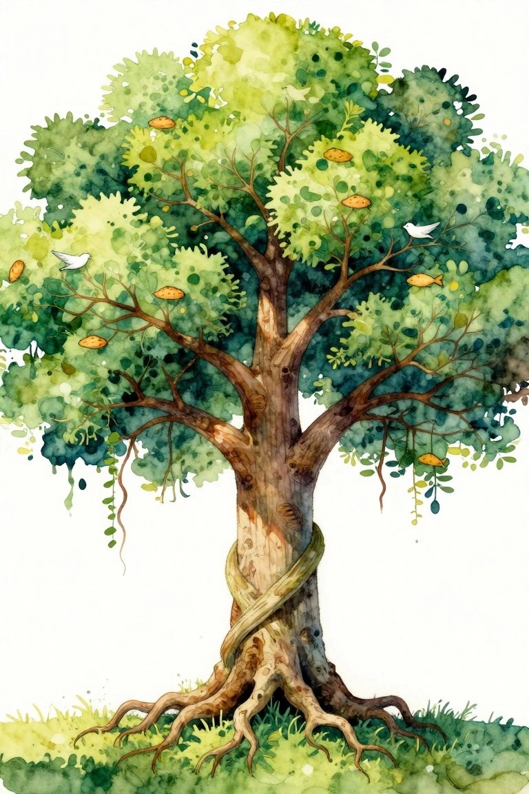 Watercolor tree with lush green foliage, white birds, orange fruits, and yellow fish