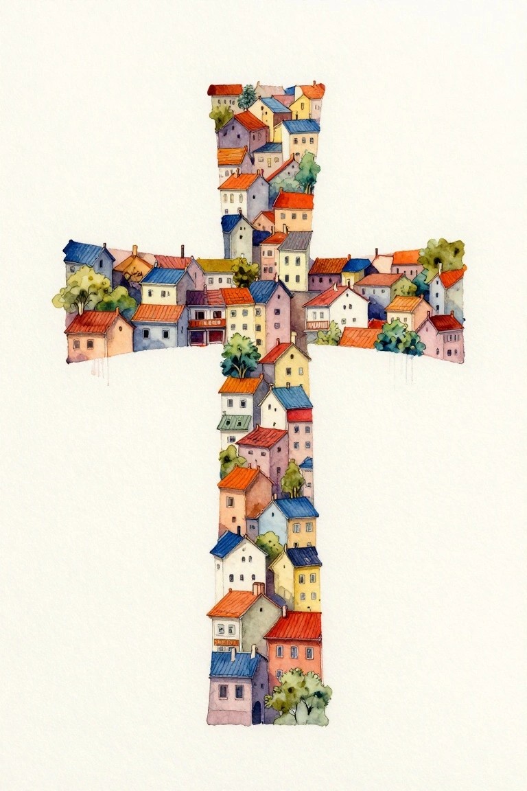Watercolor painting of colorful houses and trees forming a cross