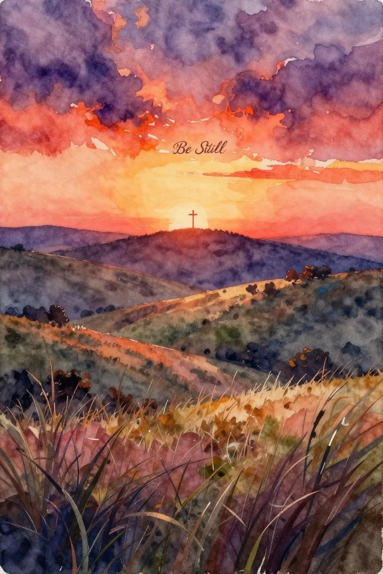 Watercolor sunset over rolling hills with distant cross and 