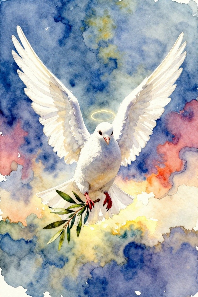 White dove with golden halo flying while holding olive branch in watercolor sky