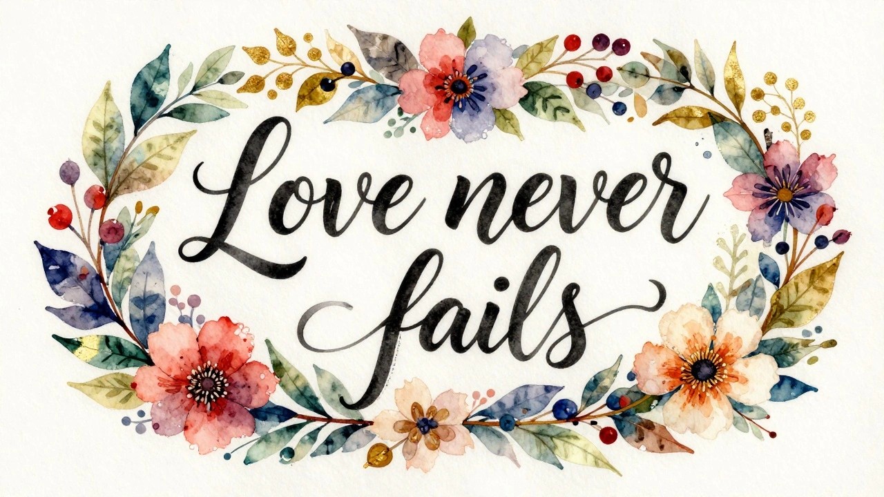 Watercolor wreath of colorful leaves and flowers encircling "Love never fails" text