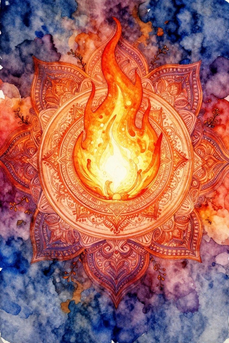 Vibrant watercolor mandala with glowing central flame amid blue-purple splashes